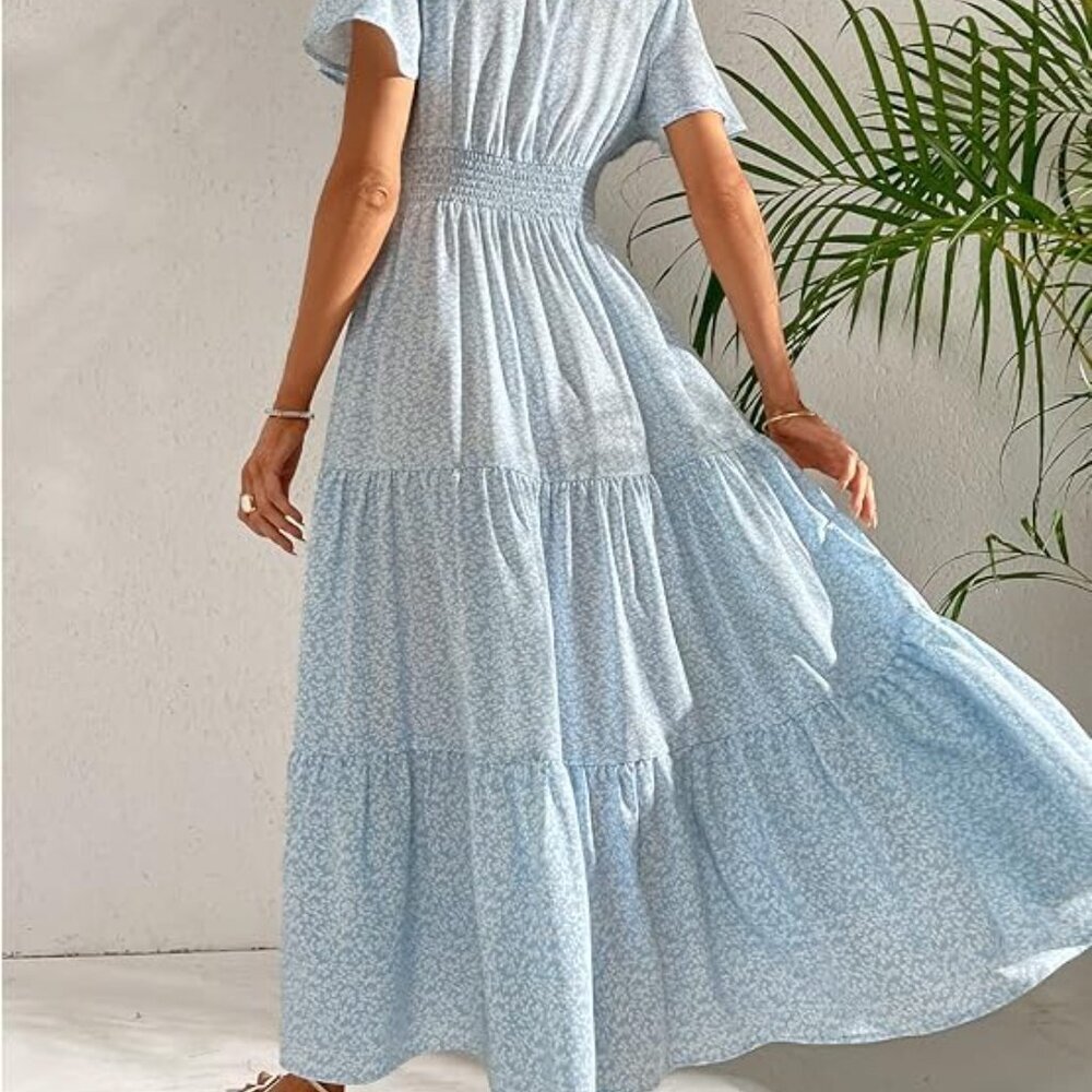 Floerns - Short Sleeve Crewneck Floral Print Smocked A Line Maxi Dress - Large - Picture 2 of 3